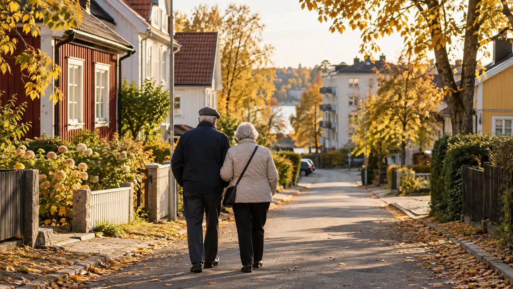 Äldre par sett bakifrån promenerar på en svensk villagata i höstsol med gula löv