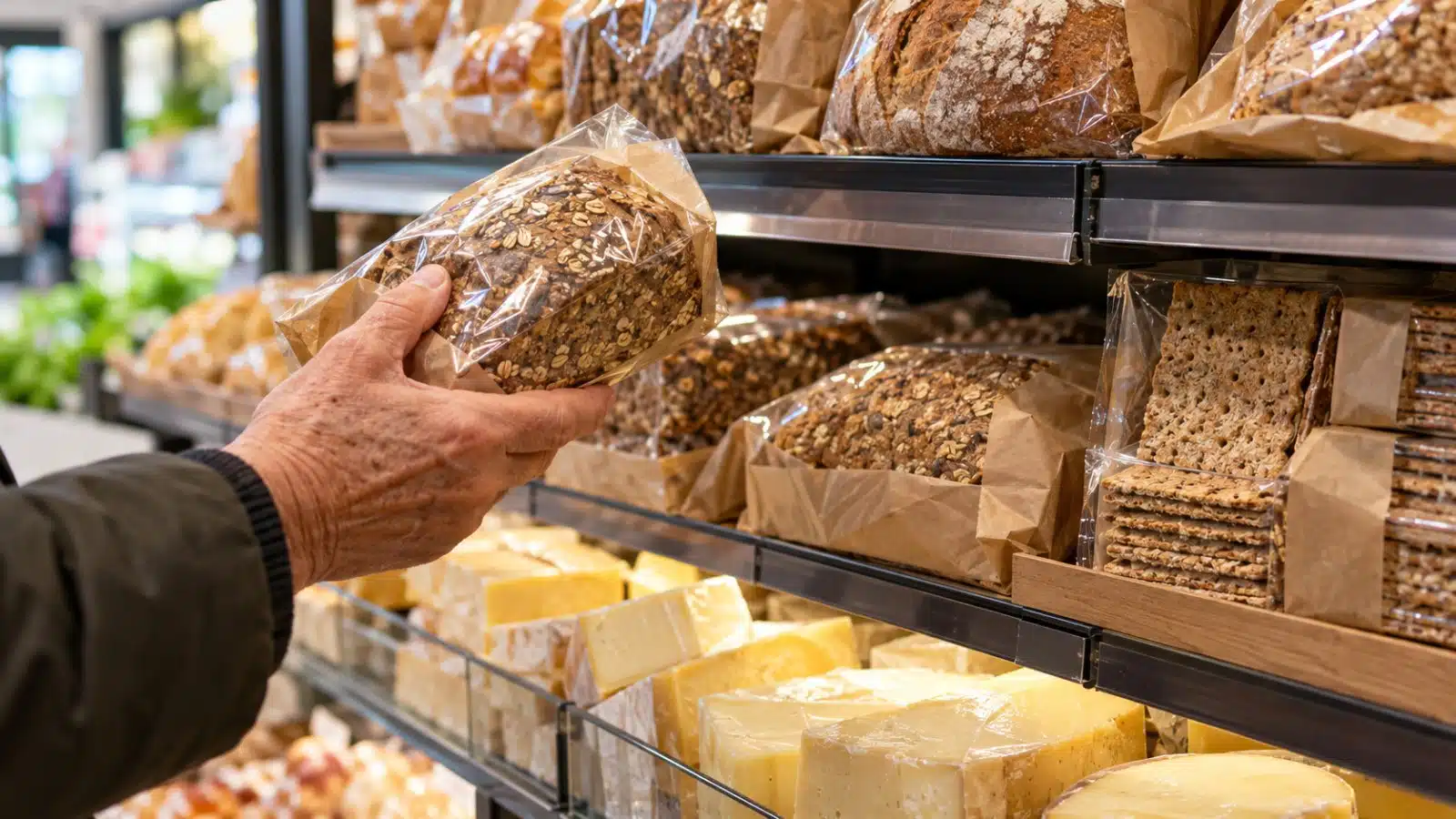 En äldre persons hand tar ett paket fullkornsbröd från en butikshylla med bröd och ost