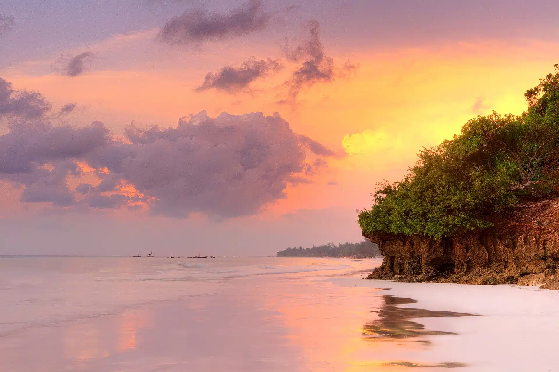 Soluppgång över en sandstrand med palmer vid Indiska oceanen, Diani Beach i Kenya