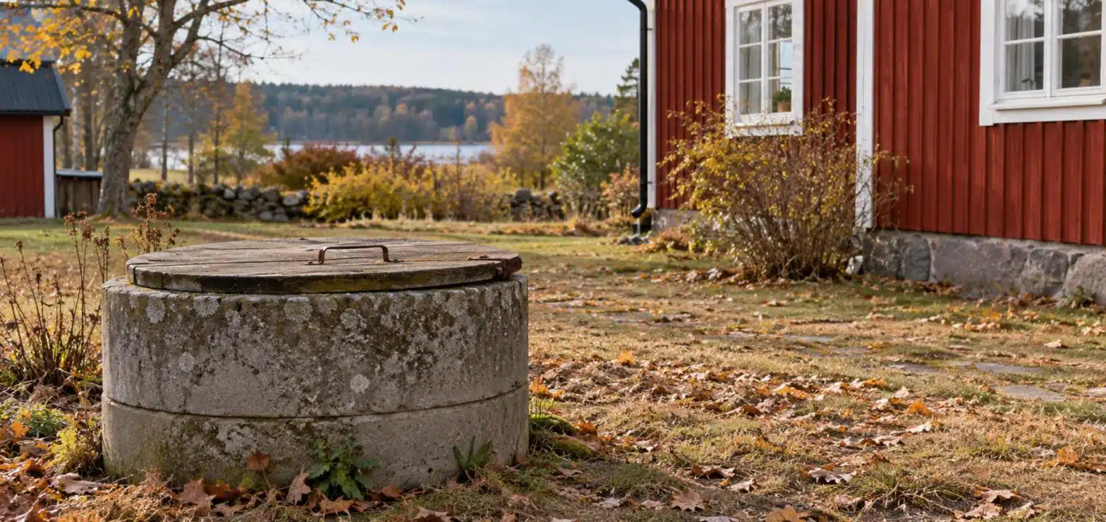 AI-genererad bild av en grävd brunn med betongringar vid ett rött trähus en höstdag