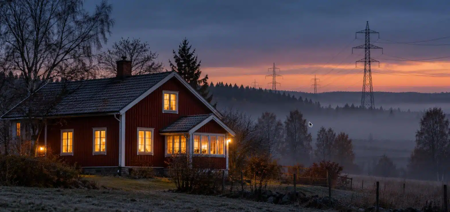 Rött trähus på landsbygden i skymning med tända fönster, kraftledningar och dimma i bakgrunden
