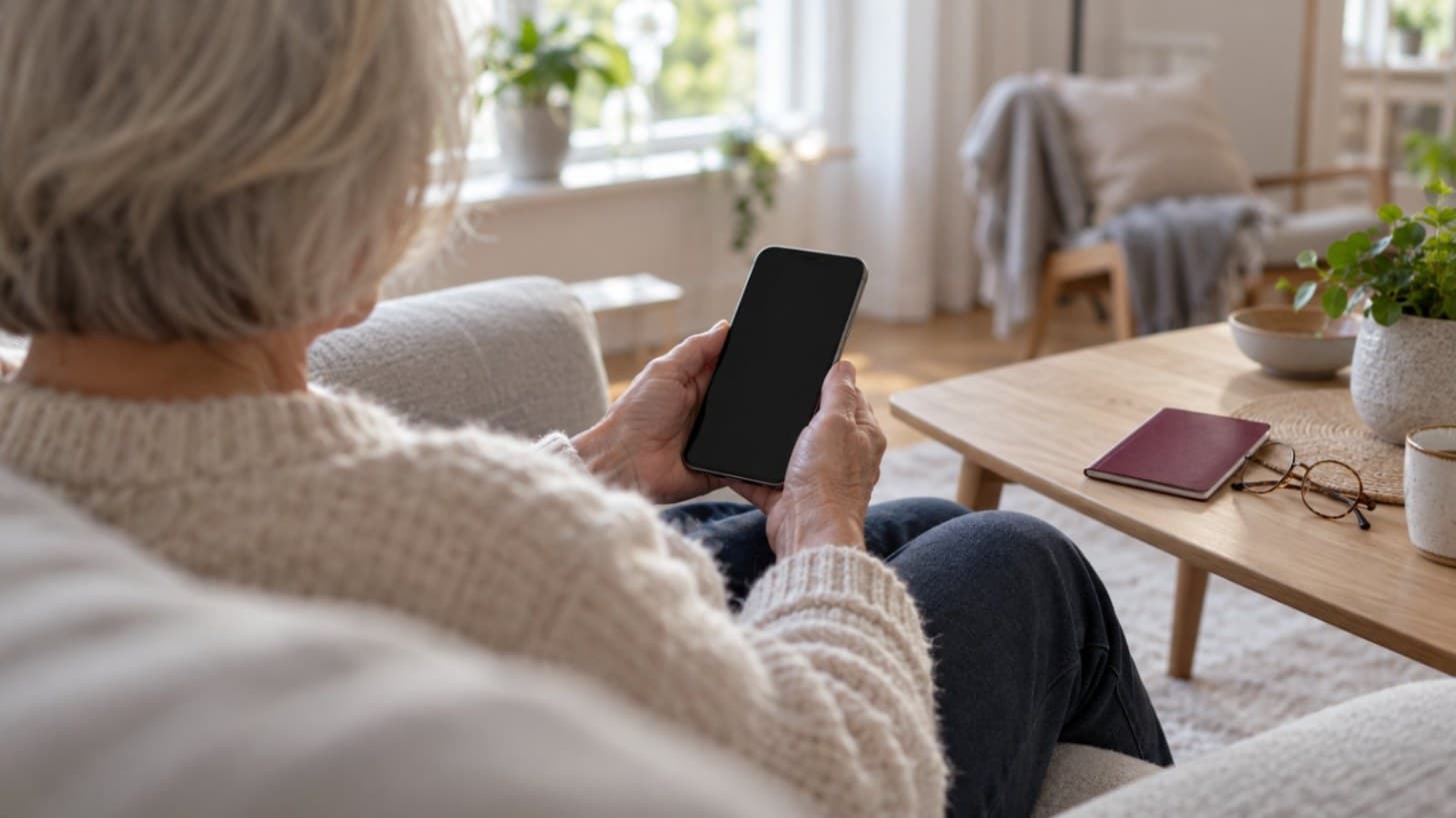 En äldre kvinna sedd bakifrån sitter i en soffa och håller en mobiltelefon med släckt skärm, på soffbordet ligger ett pass och ett par läsglasögon.