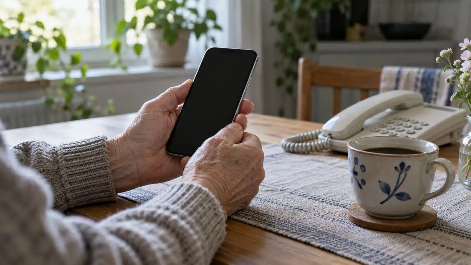En äldre persons händer håller en mobiltelefon med svart skärm vid ett köksbord, med en fast telefon och en kaffekopp i bakgrunden.