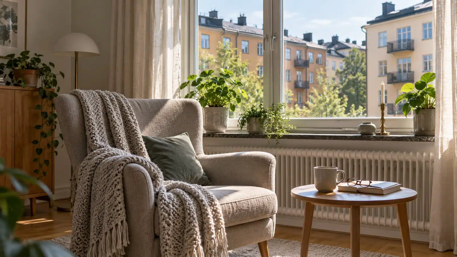 Ljust vardagsrum i en hyreslägenhet med en fåtölj och filt vid fönstret, ett litet bord med kaffekopp och läsglasögon och krukväxter i fönstret.