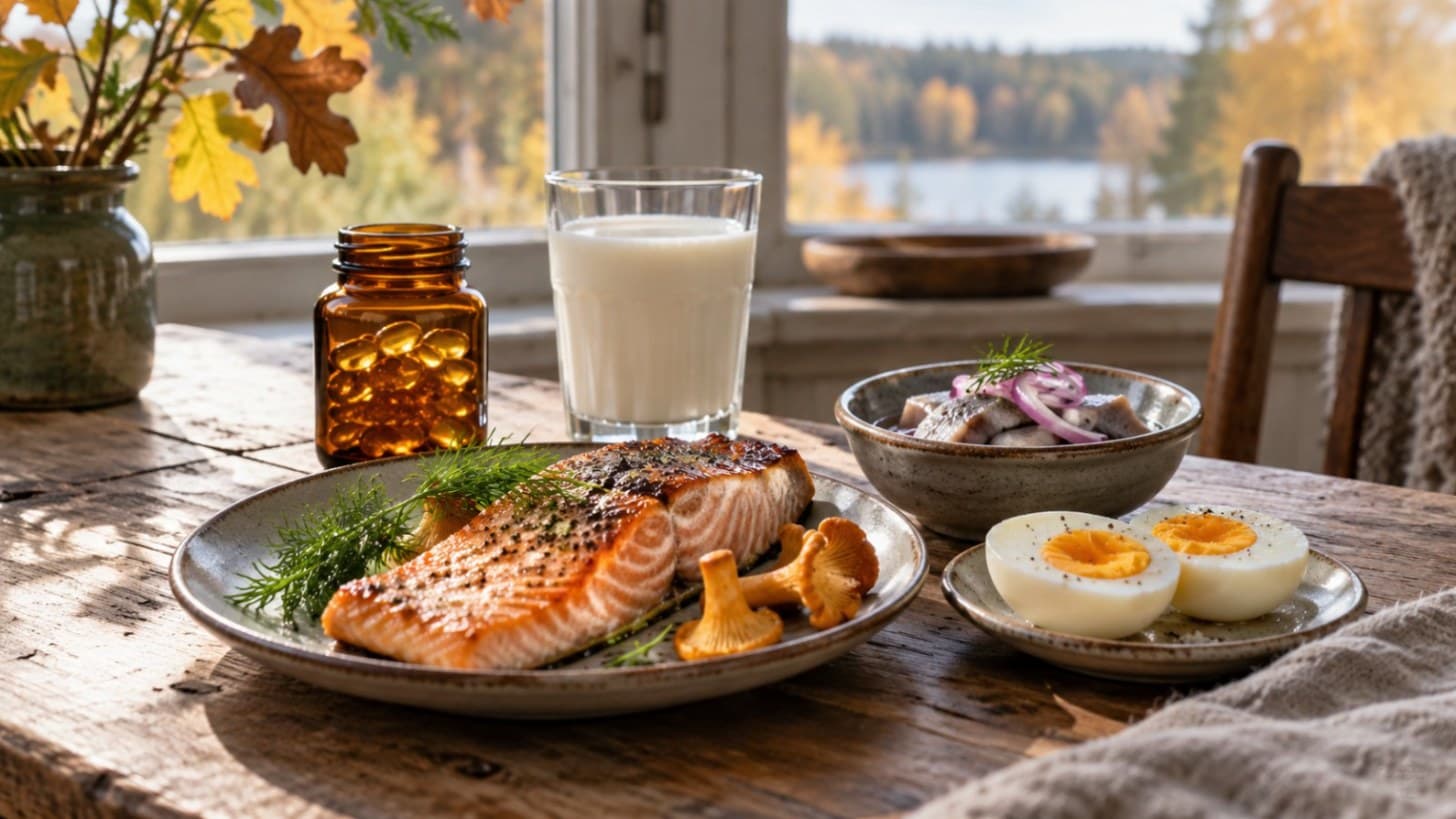 Laxfilé, inlagd sill, kokta ägg, kantareller, ett glas mjölk och en omärkt burk med kapslar på ett köksbord i höstljus