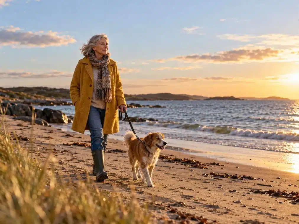 Kvinna i 70-årsåldern promenerar med sin hund på en strand i höstljus, efterlevandepension