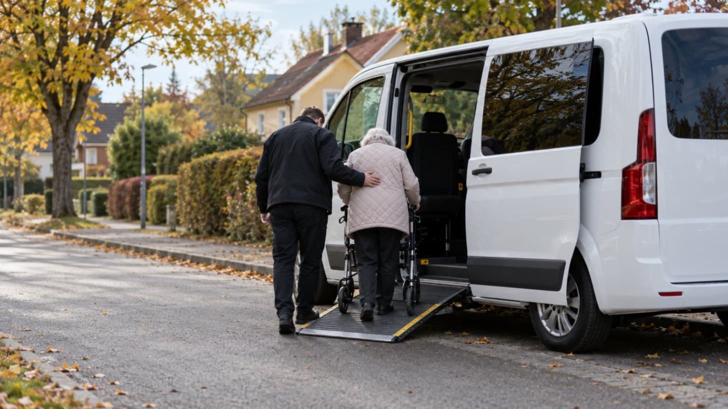 En äldre person med rollator får hjälp av en förare vid en vit minibuss med ramp på en bostadsgata, sedda bakifrån.