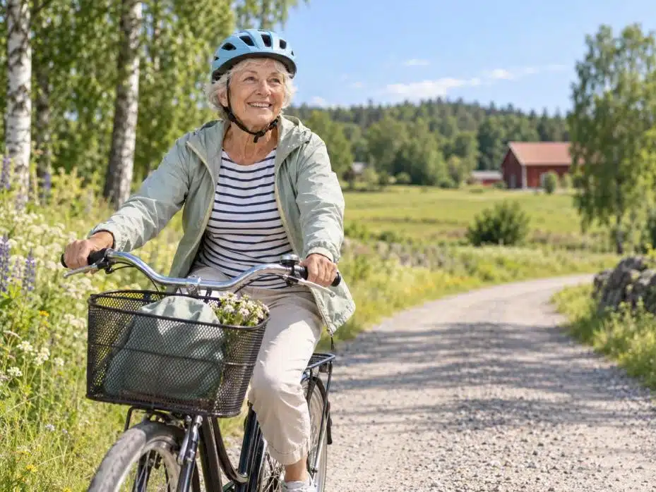 Kvinna runt 70 med cykelhjälm på en grusväg, försäkringar för pensionärer
