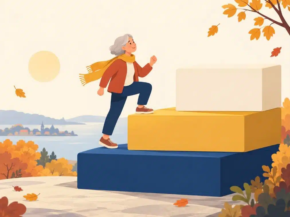 Illustration av pensionen som staplade block där en äldre figur kliver upp på garantipension