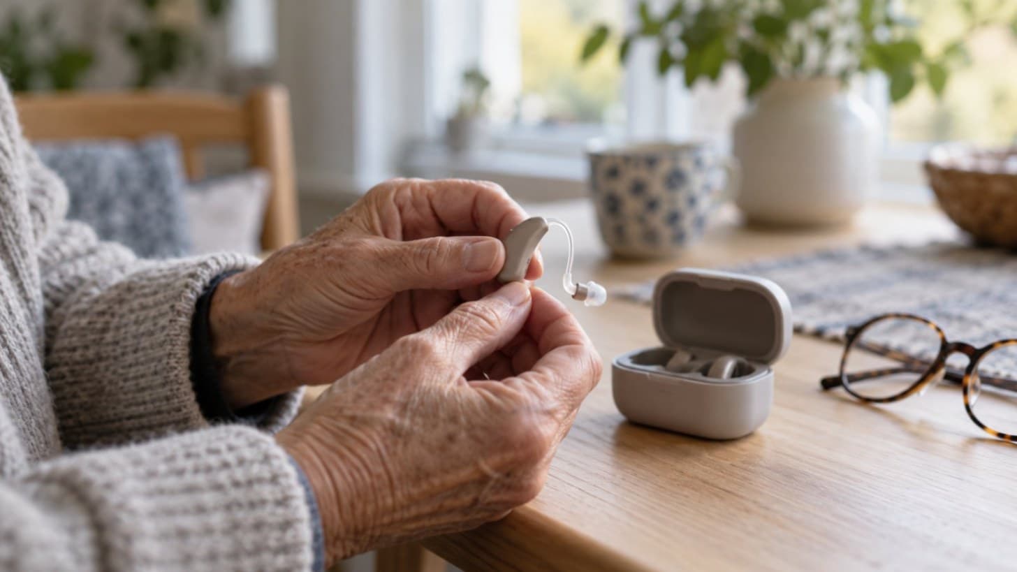 Äldre händer håller en liten hörapparat som sitter bakom örat, med ett laddningsetui på bordet intill.