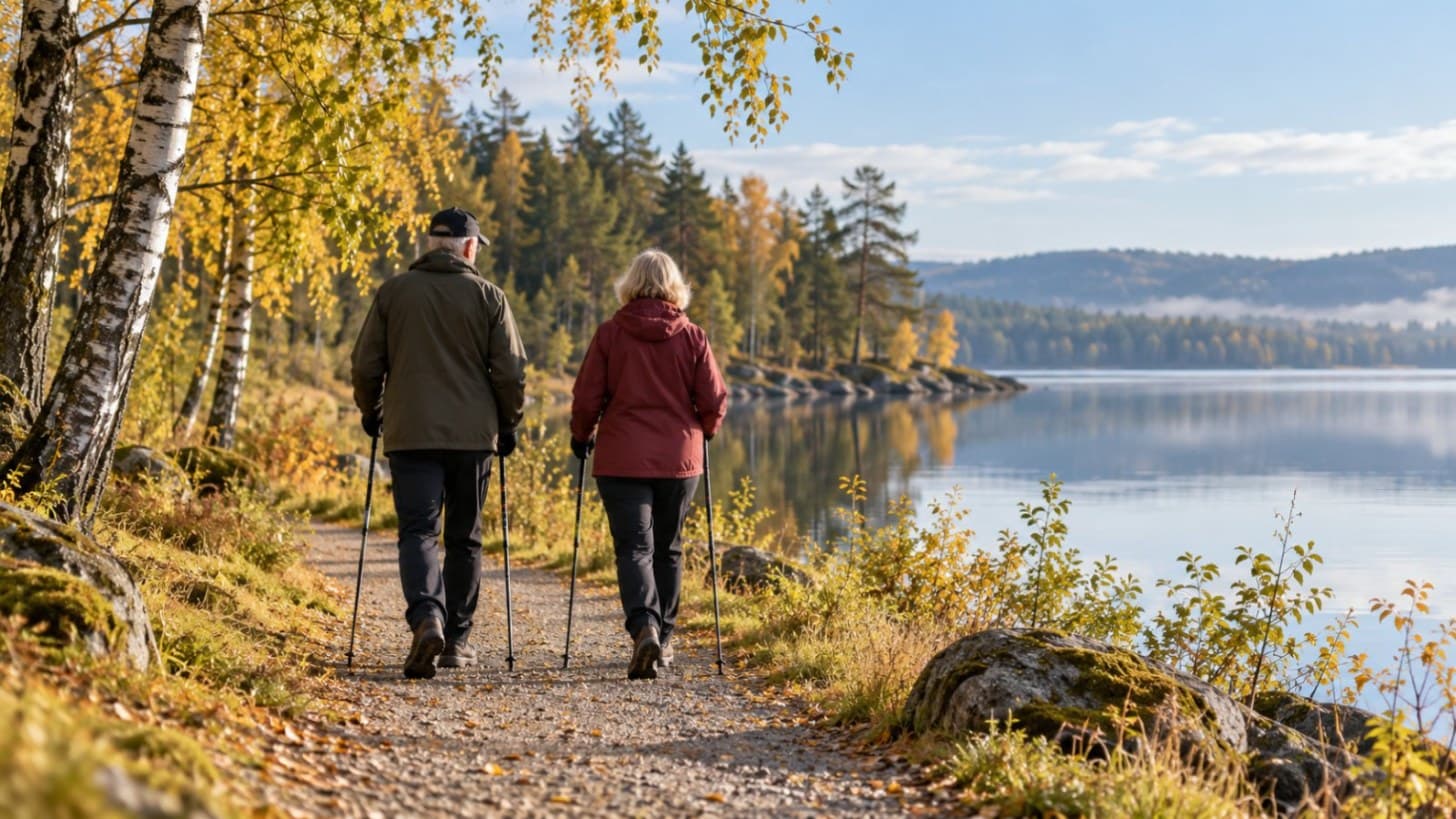 Två äldre personer går med stavar längs en grusväg vid en sjö i höstljus, sedda bakifrån.
