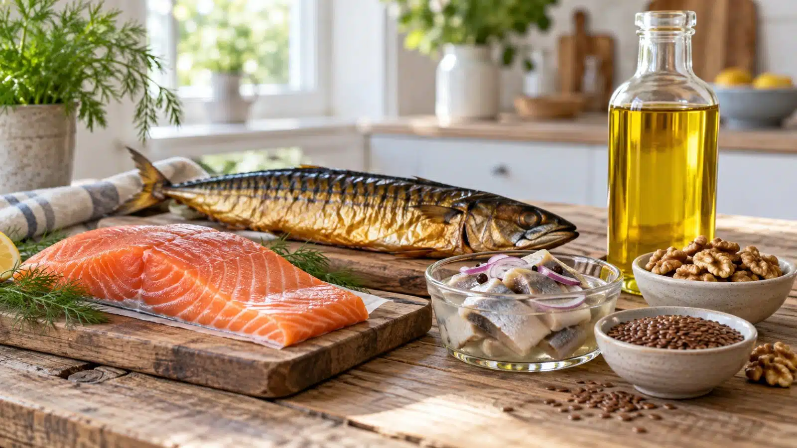 Laxfilé, varmrökt makrill, inlagd sill, rapsolja, valnötter och linfrön på ett köksbord i trä.