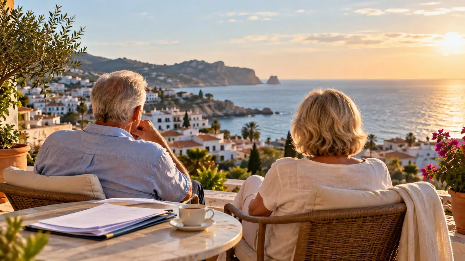 Ett äldre par sett bakifrån sitter på en solig terrass med utsikt över en kuststad vid Medelhavet, med papper och en kaffekopp på bordet bredvid.