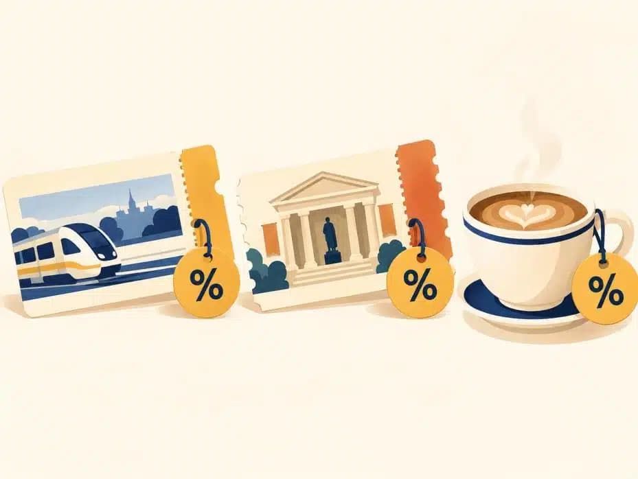 Illustration av tågbiljett, museibiljett och kaffekopp med rabattlappar, pensionärsrabatt
