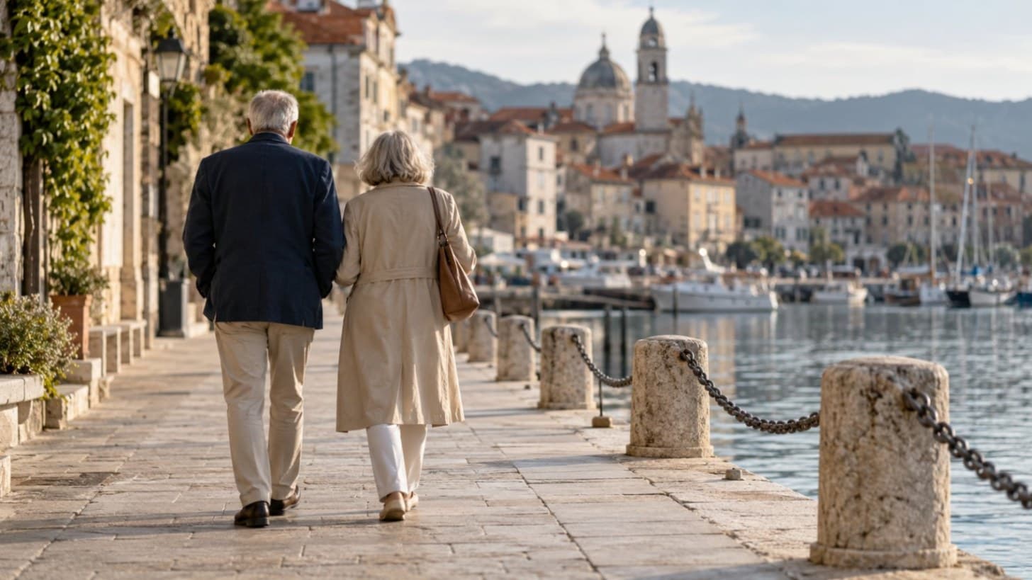 Ett äldre par promenerar sida vid sida längs en lugn hamnpromenad i en europeisk stad, sedda bakifrån.