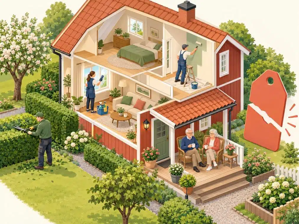 Illustration av ett hus med städning, trädgårdsarbete och målning, rutavdrag för pensionärer ger halva arbetskostnaden