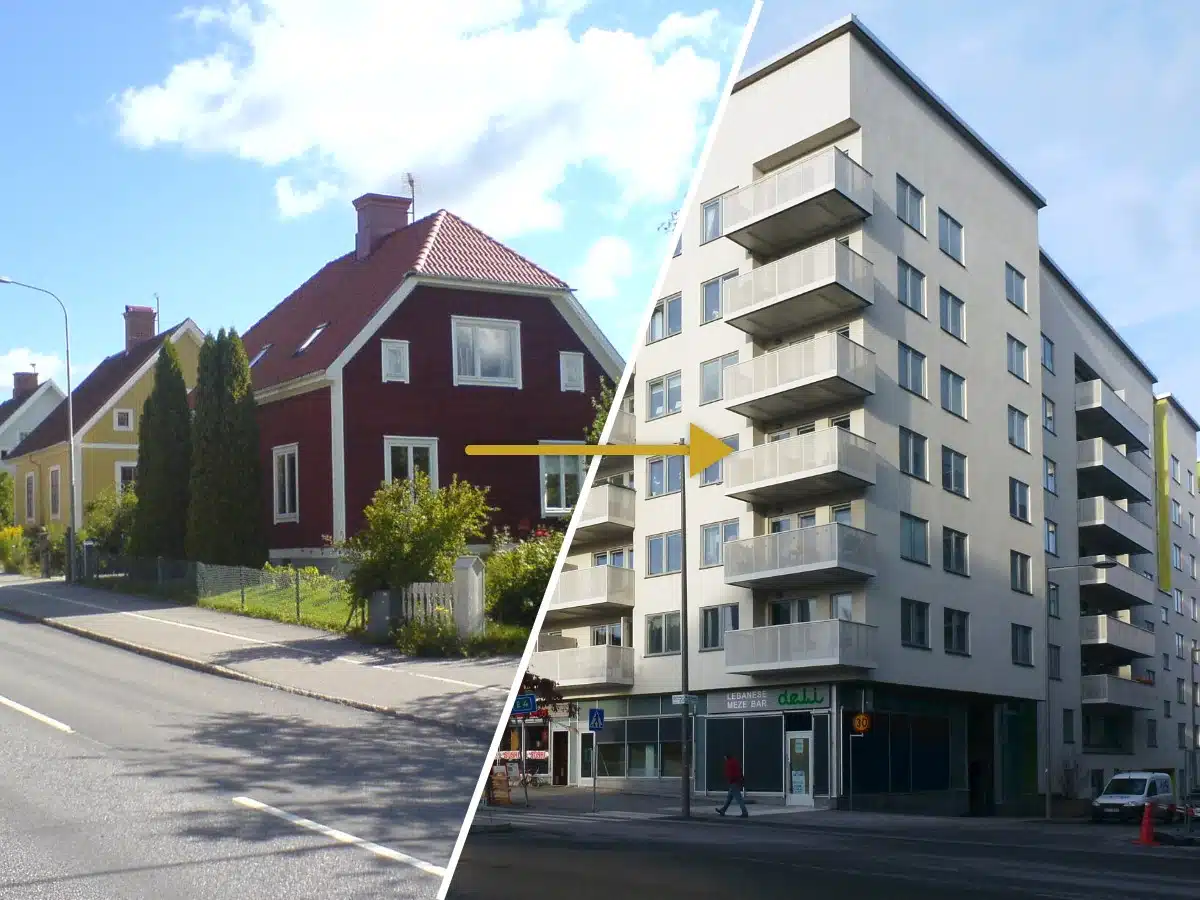 Röd villa och ljust flerbostadshus med en pil emellan, om att sälja hus, skatt och uppskov vid flytt till lägenhet