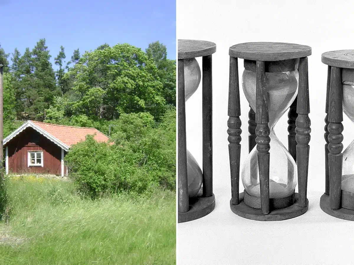 Montage av ett rött svenskt hus och ett timglas, seniorlån där skulden växer med tiden