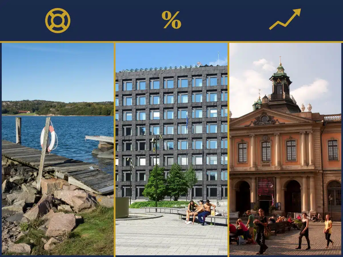 Montage med livboj, Riksbankens byggnad och Börshuset, tre hinkar för att spara som pensionär
