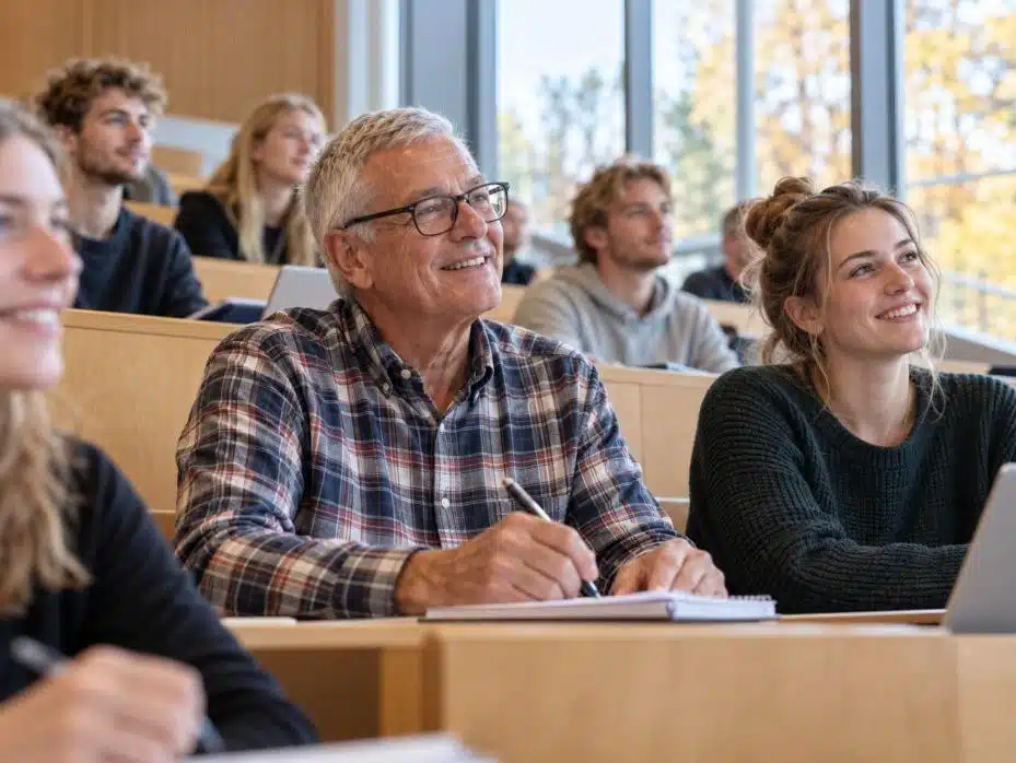 Studera som pensionär: man runt 68 antecknar bland yngre studenter i en ljus föreläsningssal