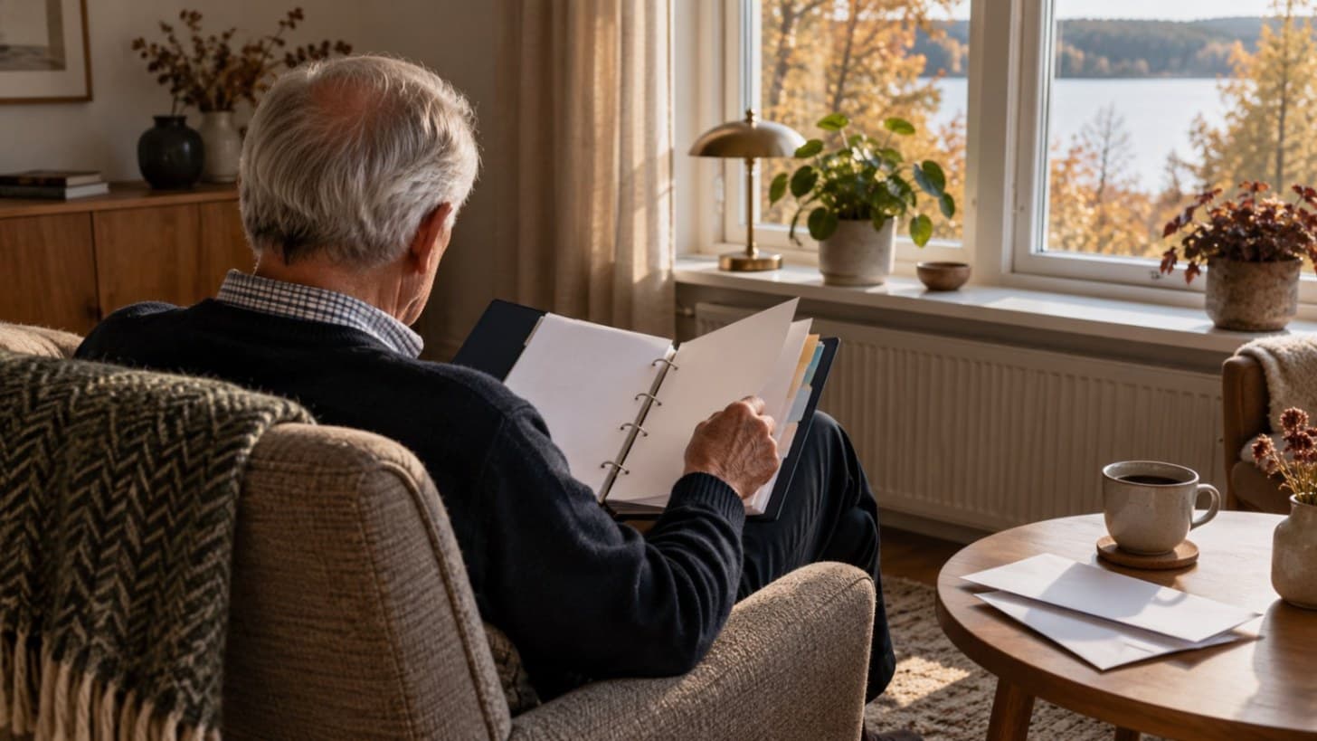 En äldre man sedd bakifrån sitter i en fåtölj vid ett fönster och bläddrar i en pärm, med kuvert och en kaffekopp på bordet intill.