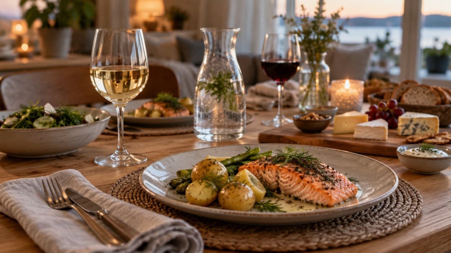 Dukat middagsbord med ugnsbakad lax, en liten ostbricka, ett glas vitt vin, ett glas rött vin och en karaff vatten.