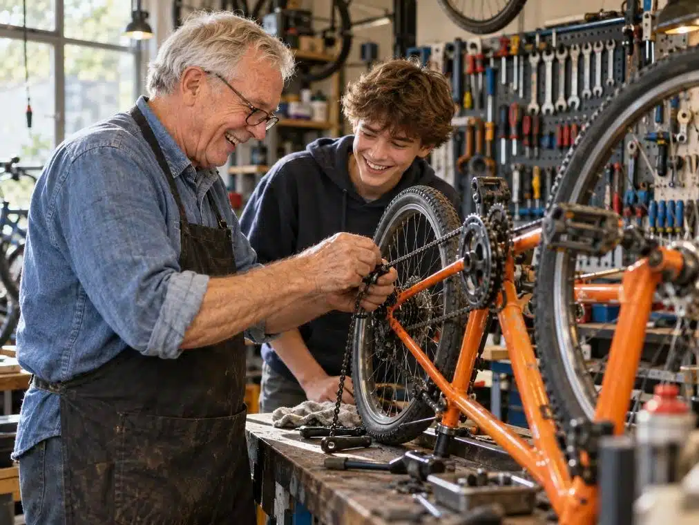 Man i 70-årsåldern lär en tonåring laga en cykel, volontär som pensionär i en cykelverkstad