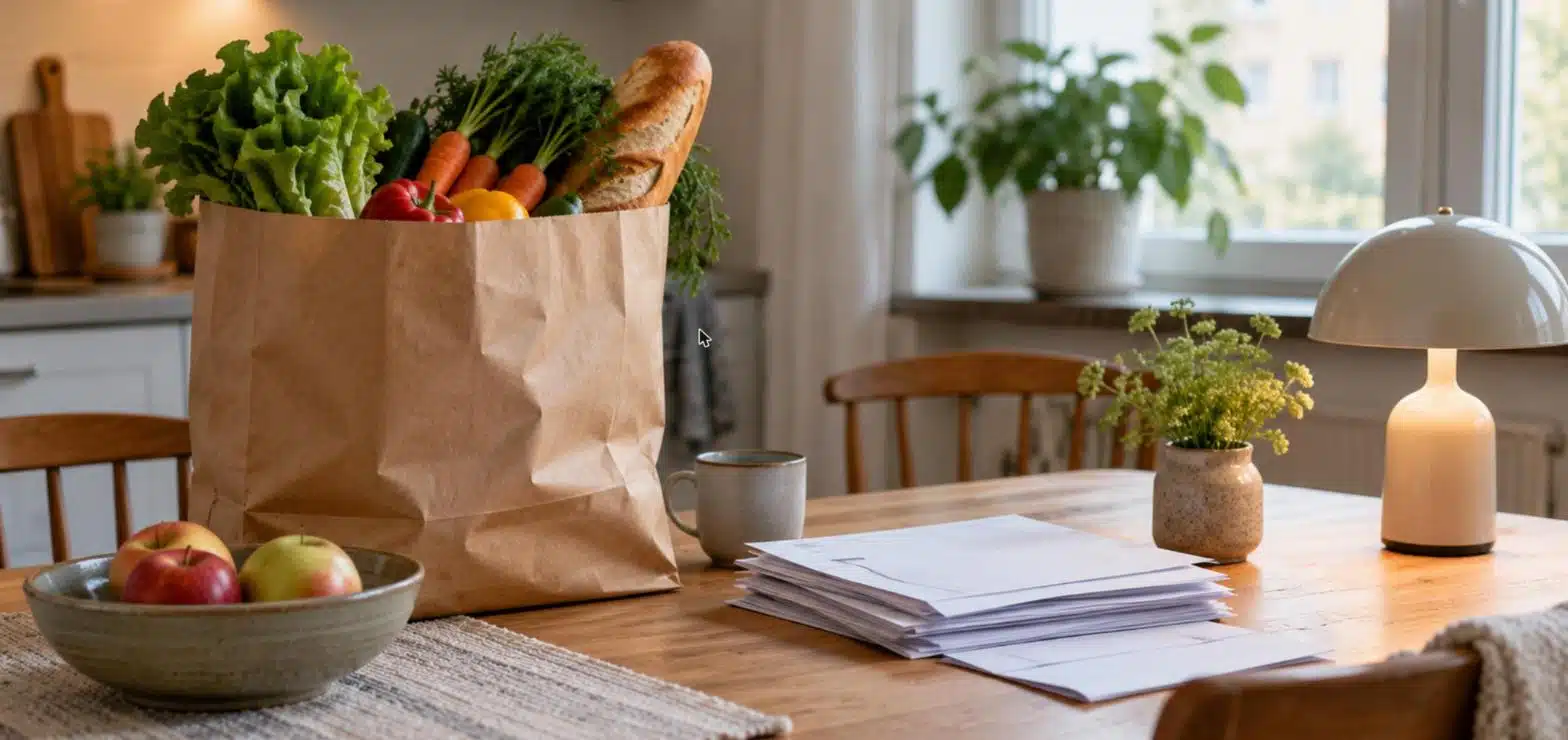 Köksbord med en pappåse full av grönsaker och bröd, en fruktskål, en bunt brev och en tänd bordslampa