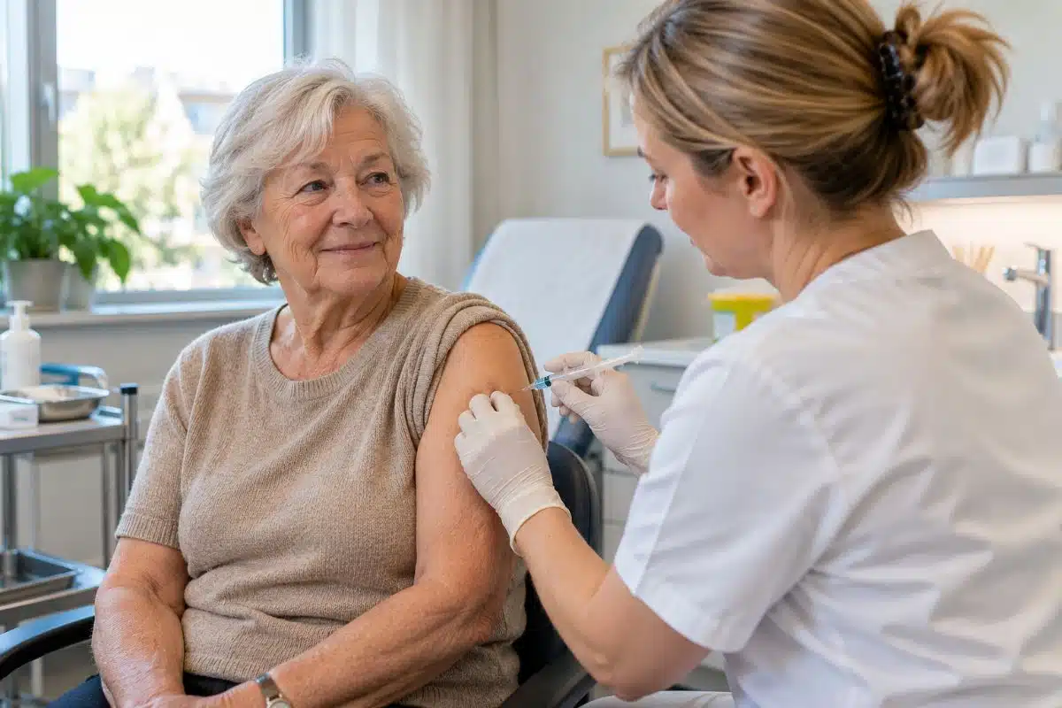 Sjuksköterska vaccinerar en äldre kvinna i överarmen