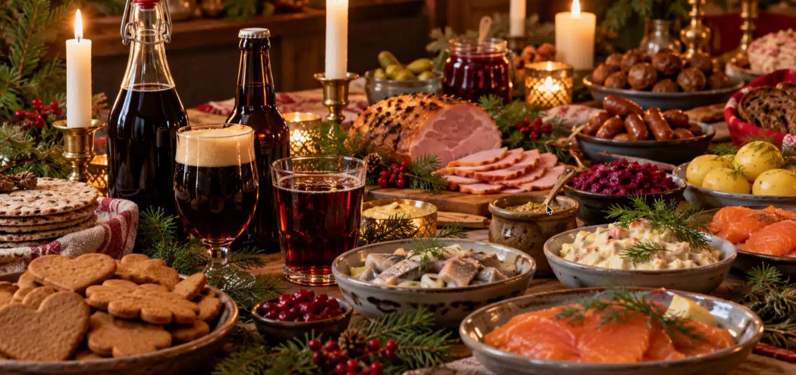 Dukat julbord med skinka, sill, lax, pepparkakor, ljus, granris samt julöl och julmust