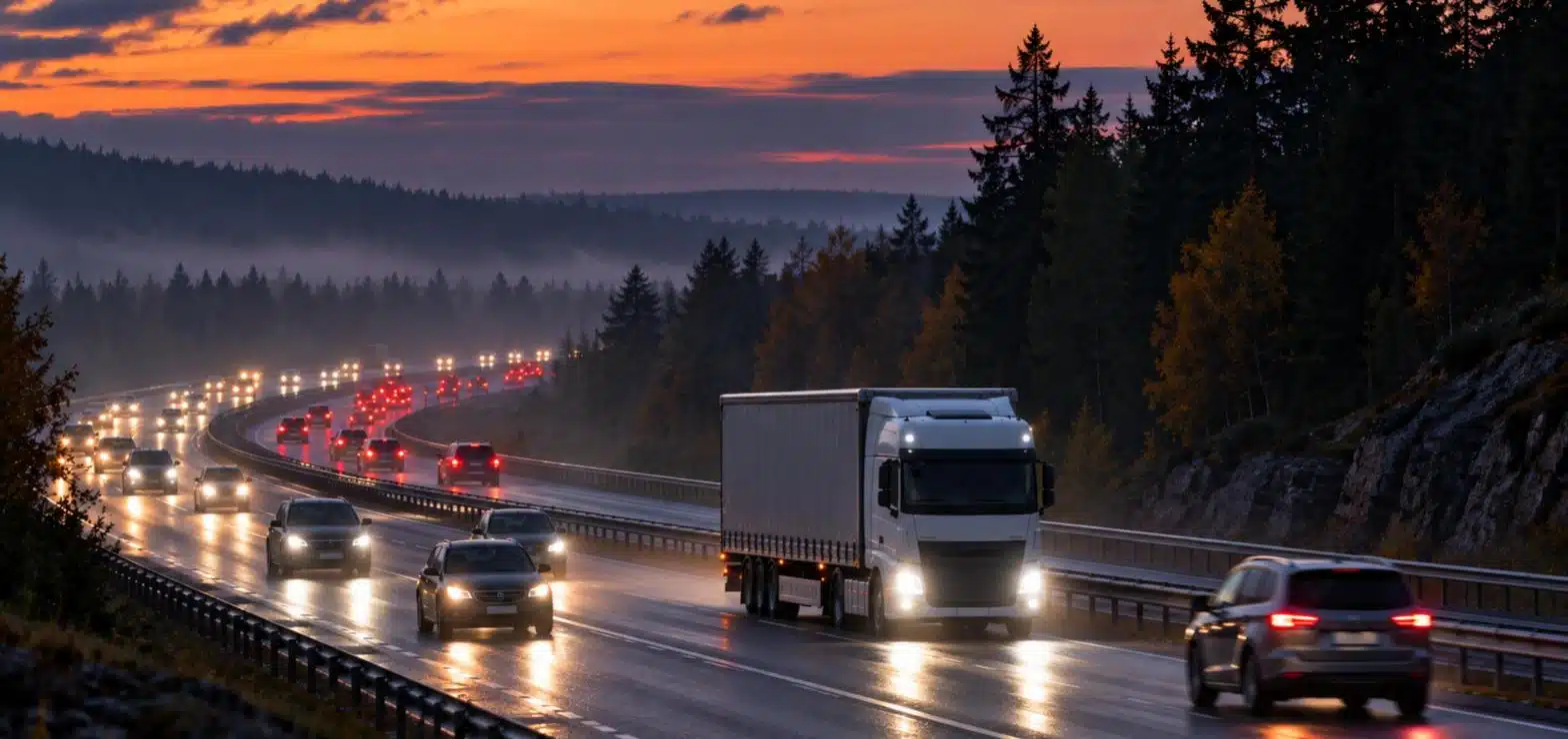 AI-genererad bild av bilar och en lastbil på en motorväg genom skog i skymningen