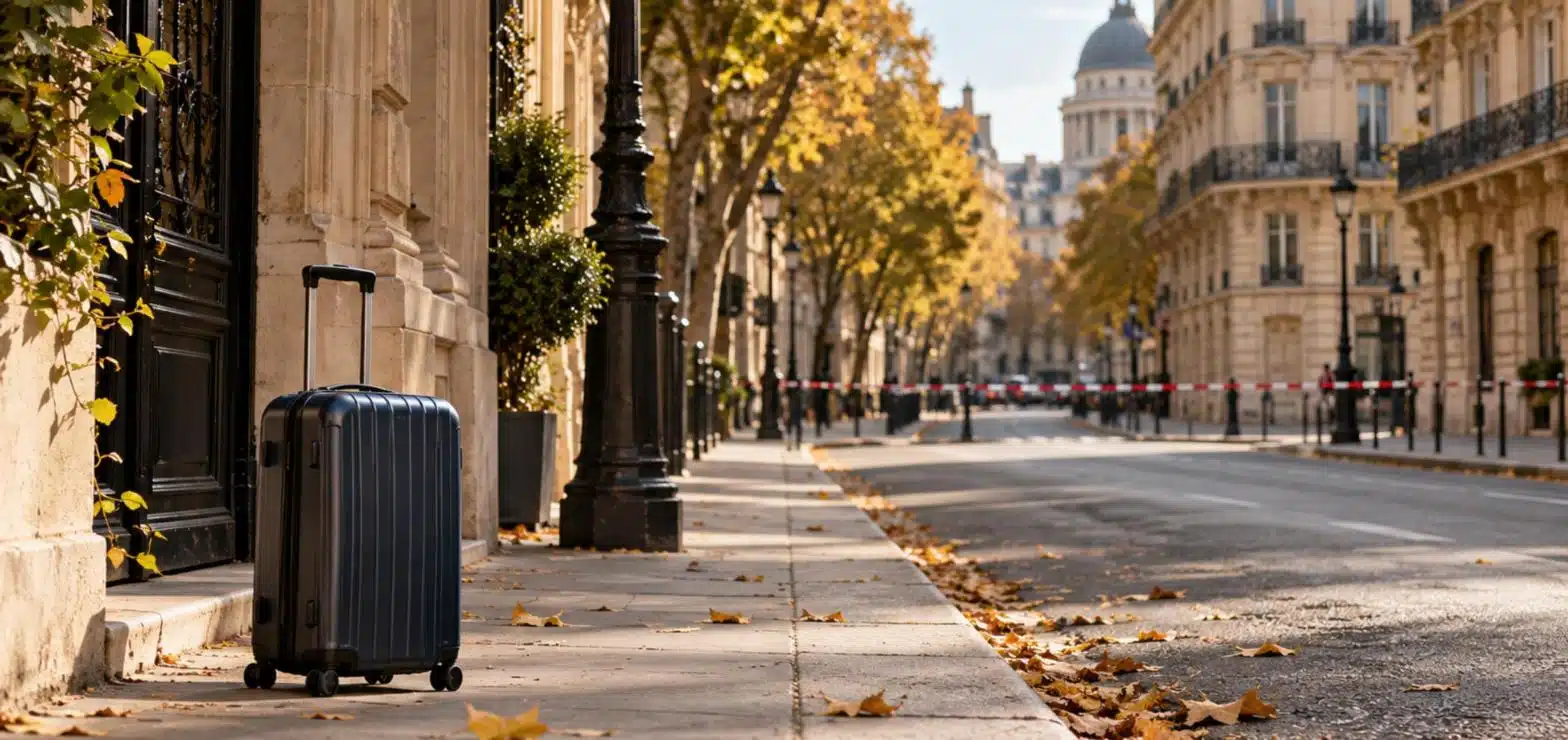 AI-genererad bild av en lugn gata i Paris med en resväska på trottoaren