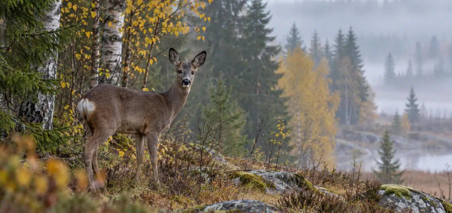 AI-genererad bild av ett rådjur vid en dimmig skogskant på hösten