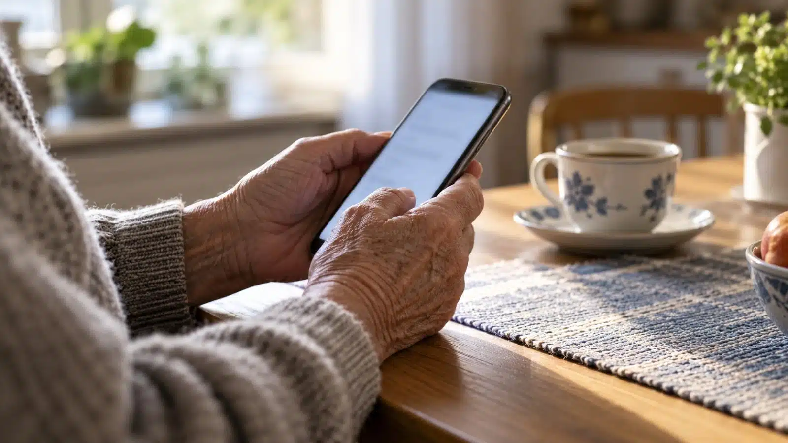 AI-genererad bild av en äldre persons händer som håller en mobiltelefon vid ett köksbord med en kaffekopp