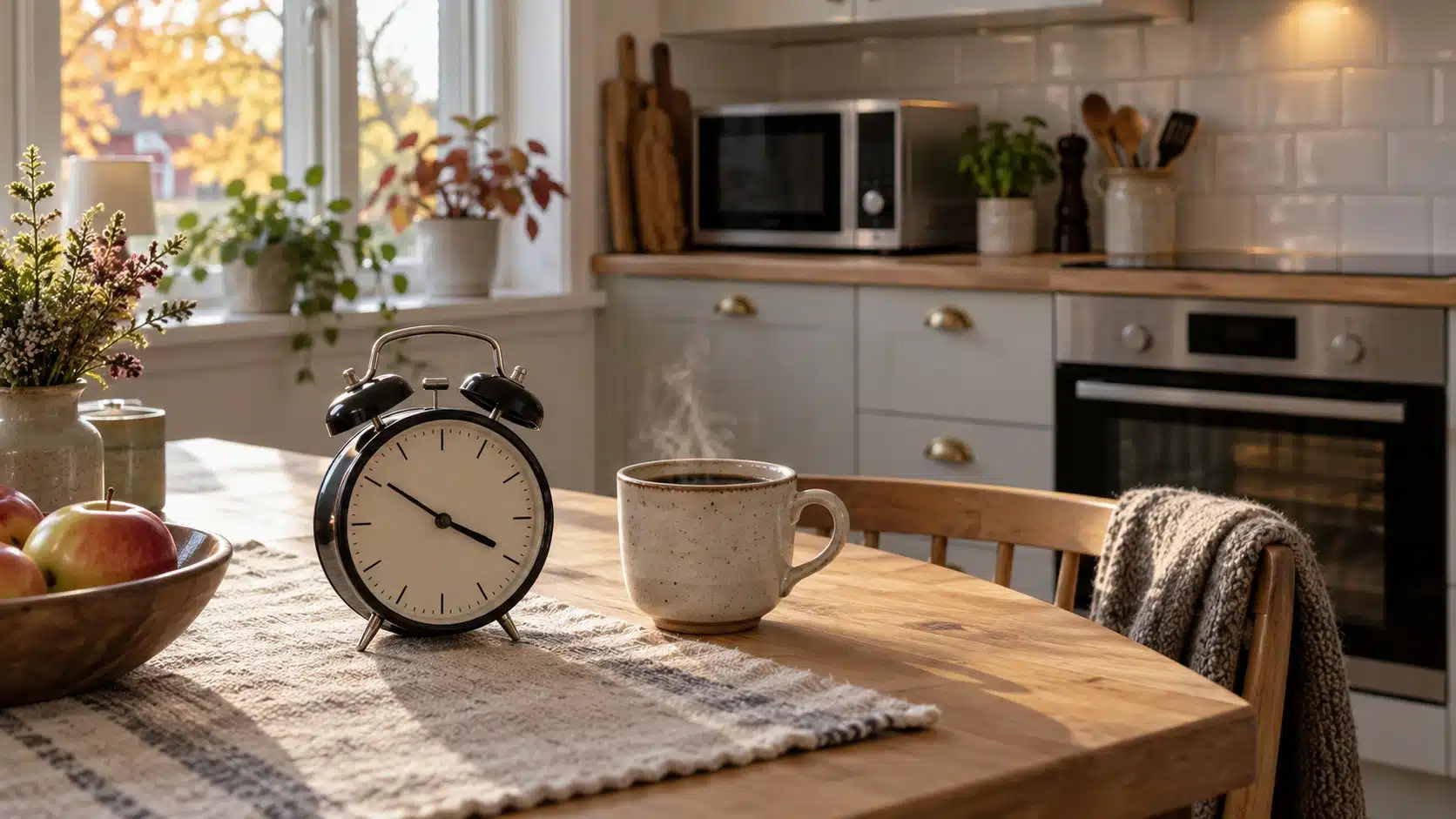 Analog väckarklocka och kaffekopp på ett köksbord en höstmorgon, ugn och mikrovågsugn i bakgrunden