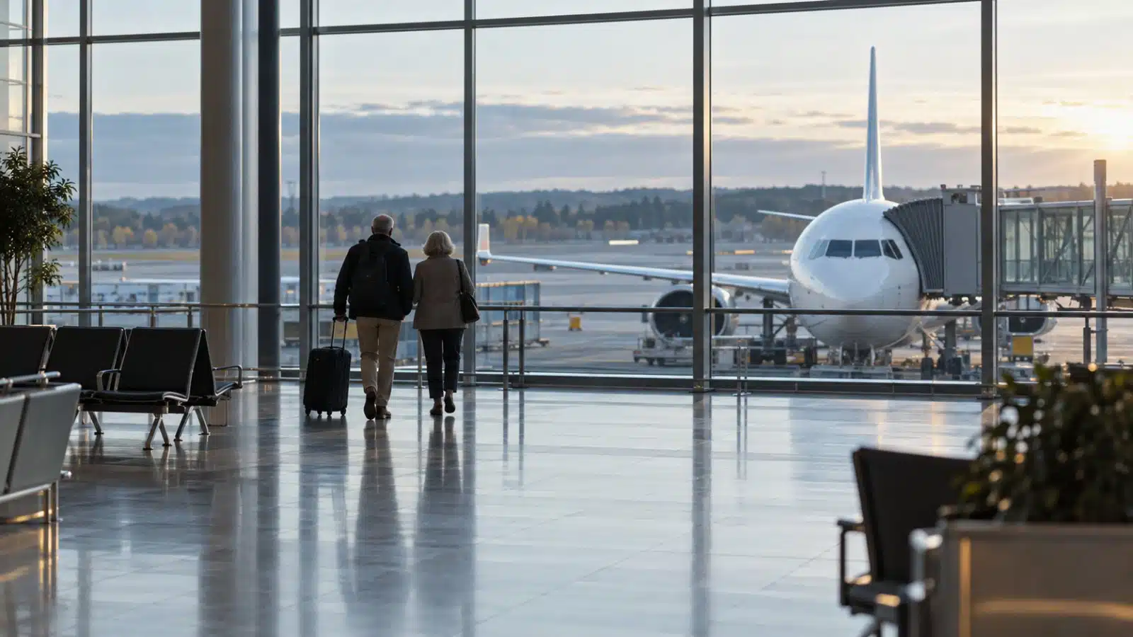 Äldre par med resväska går genom en ljus avgångshall med ett flygplan utanför fönstren