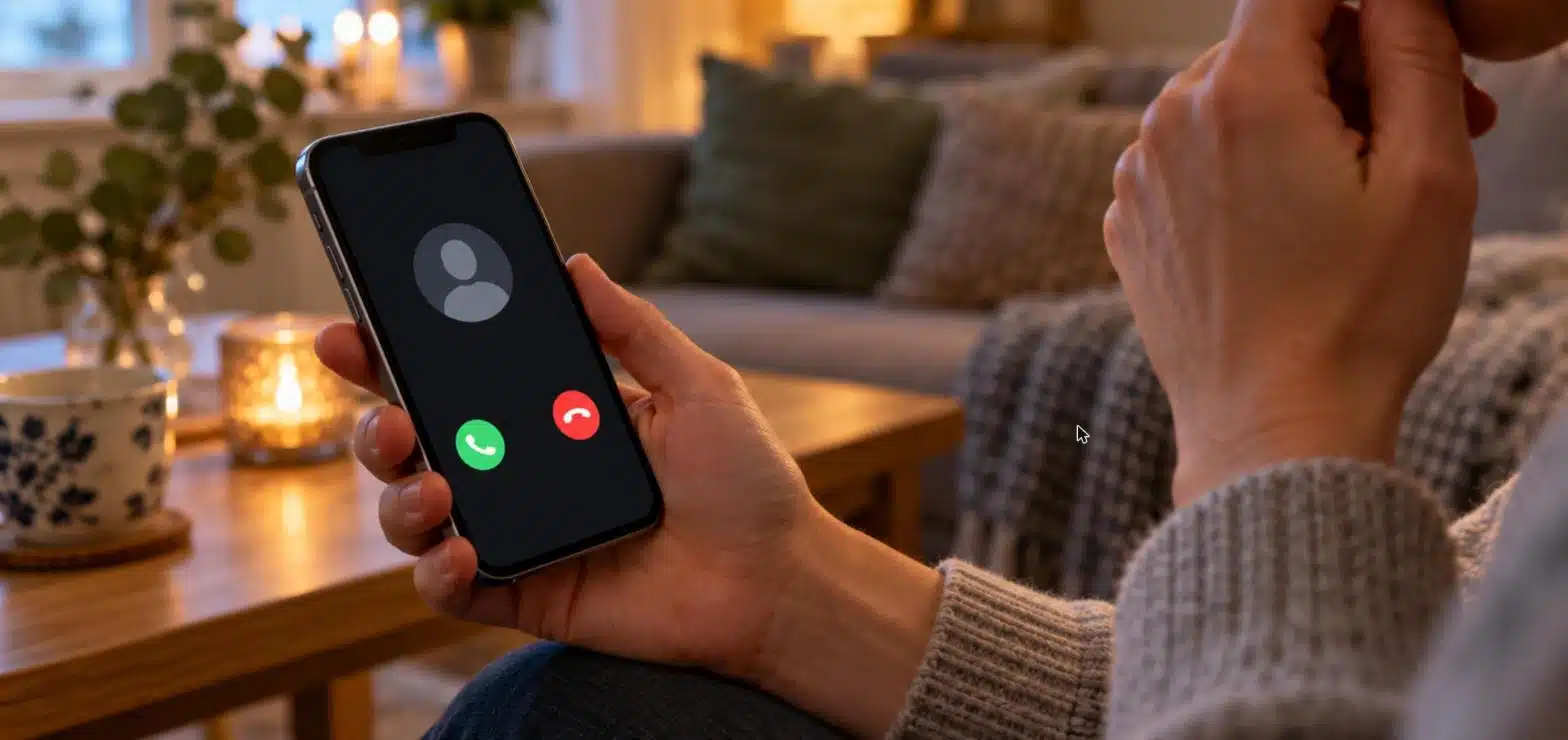 En hand håller en smartphone med ett inkommande samtal från okänt nummer i ett vardagsrum