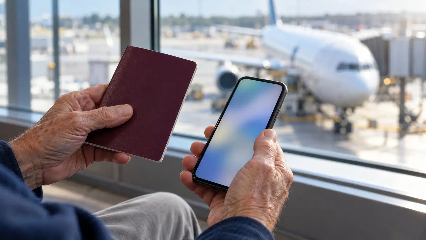 Äldre persons händer håller ett pass och en mobiltelefon vid ett flygplatsfönster med ett flygplan i bakgrunden