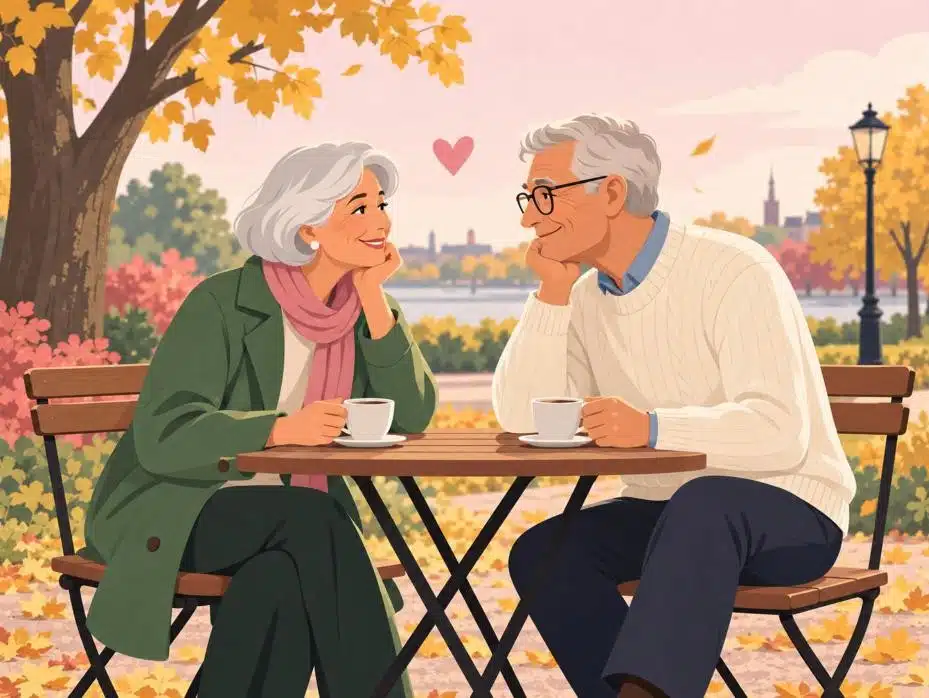Illustration av två äldre personer som fikar vid ett parkbord, dejta efter 60