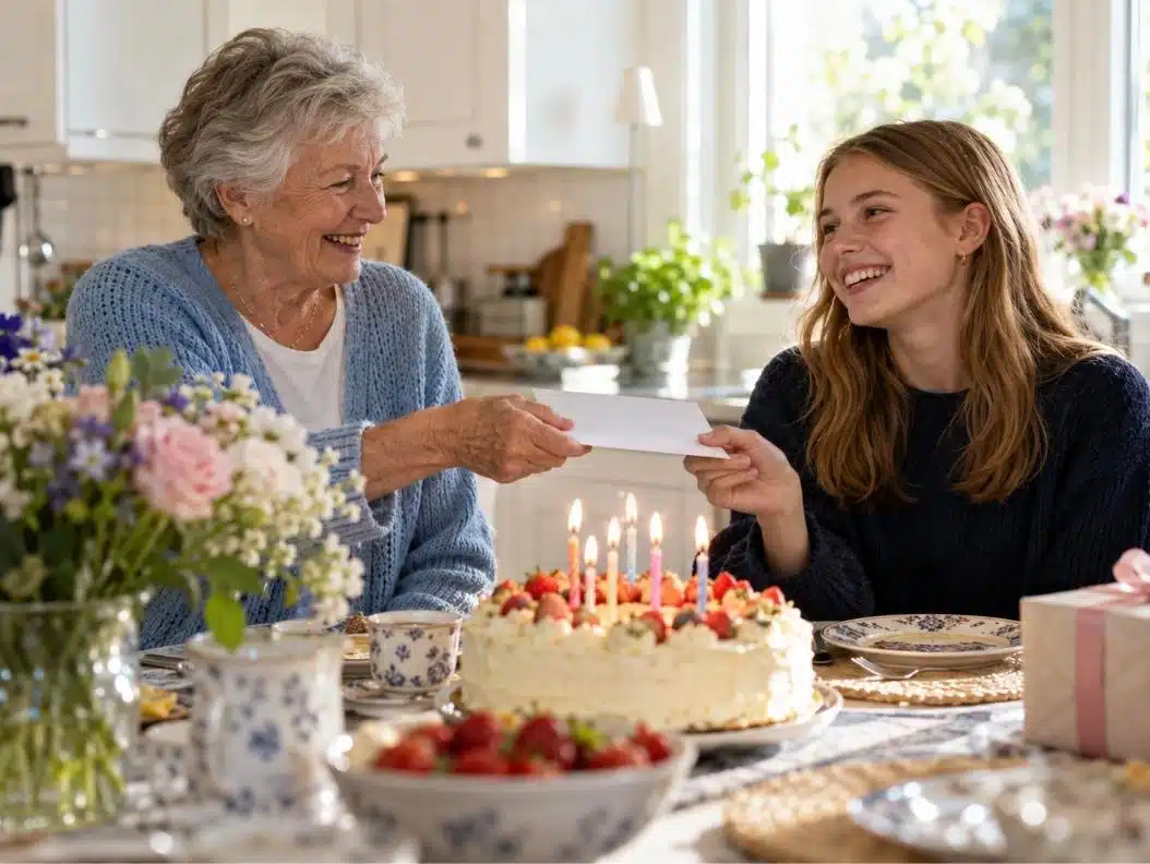 Mormor ger en gåva till barn och barnbarn i form av ett kuvert vid ett födelsedagsbord