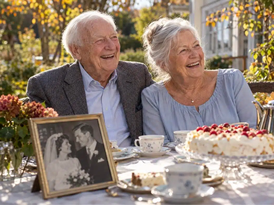 Par som är gifta sedan 1966 firar diamantbröllop vid ett kaffebord, med ett bröllopsfoto från 1960-talet i förgrunden