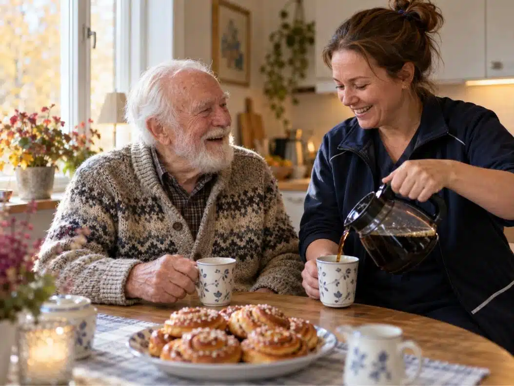 Äldre man och hemtjänstpersonal dricker kaffe i hans kök, maxtaxan i hemtjänsten 2026