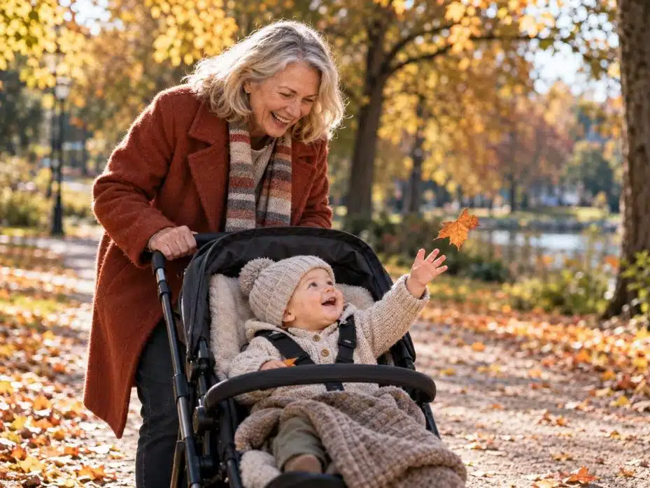 Mormor skjuter barnvagn i höstpark, föräldrar kan överlåta föräldrapenning till mor- och farföräldrar