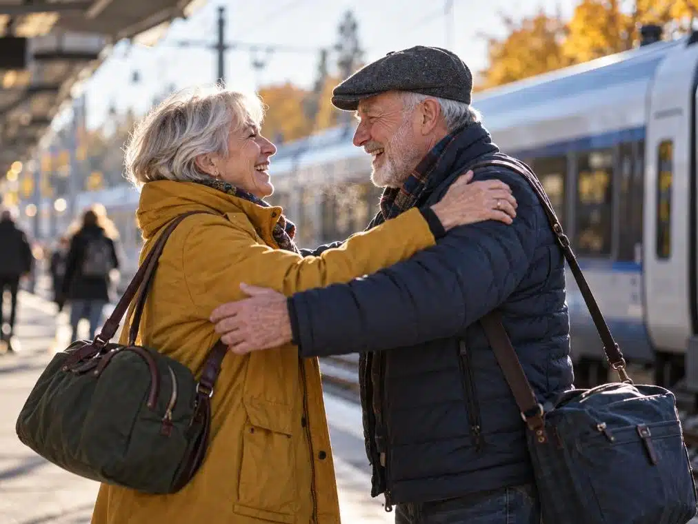 Särbo efter 60: ett par i 70-årsåldern möts på en tågperrong med var sin väska