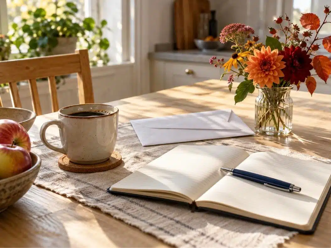 Köksbord med kaffe, anteckningsbok och kuvert, när man räknar på vad kostar en begravning