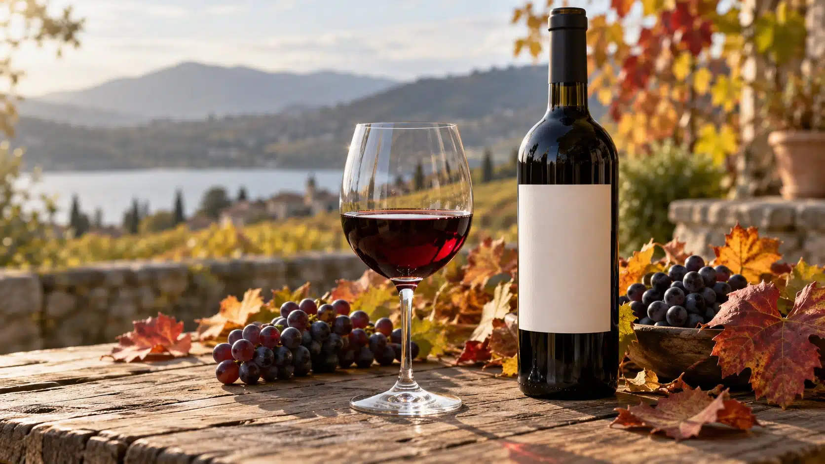 AI-genererad bild av ett glas rött vin och en vinflaska med blank etikett på ett träbord bland höstlöv och druvor