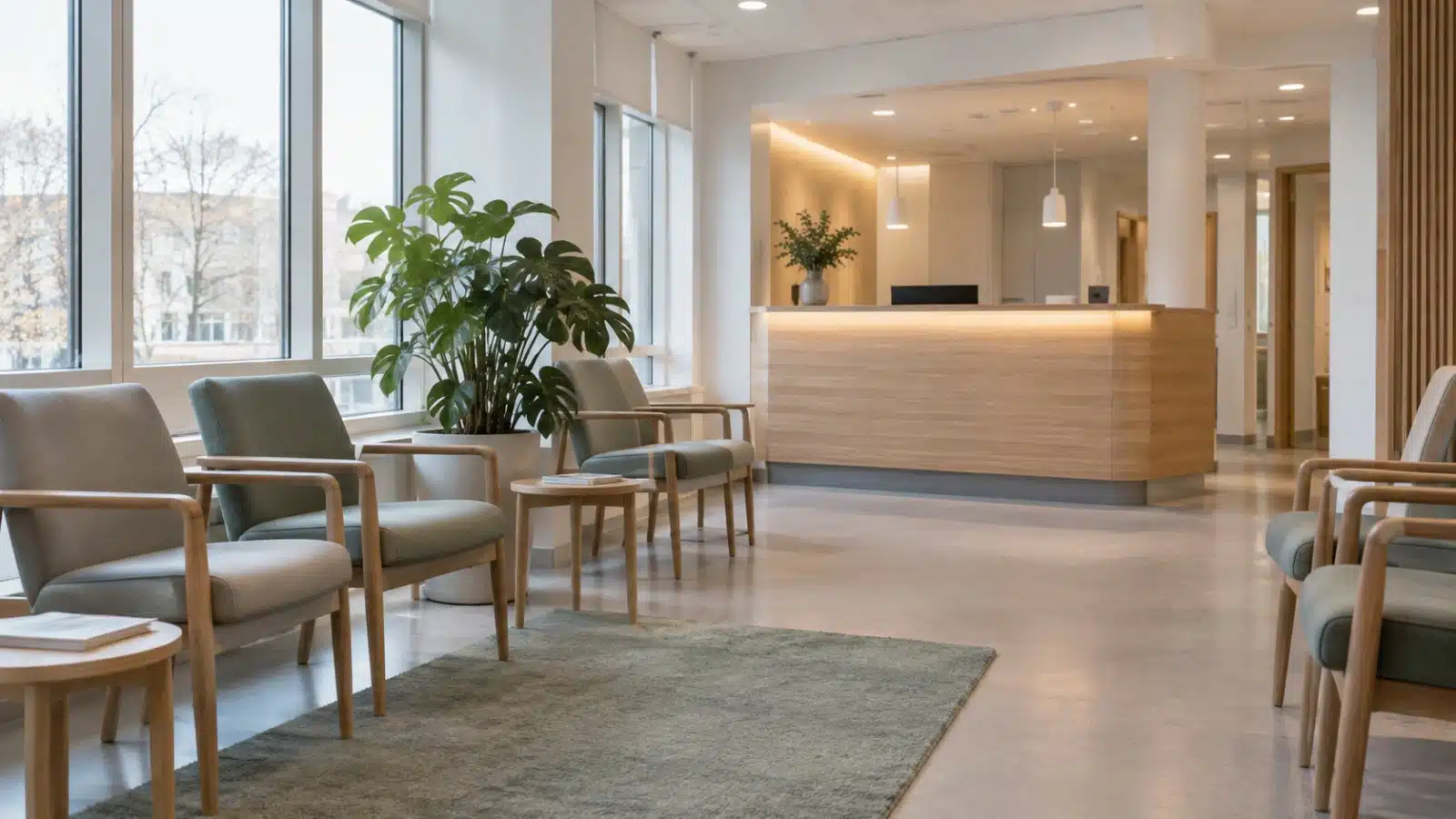 Tomt och ljust väntrum med stolar, växt och reception på en vårdmottagning